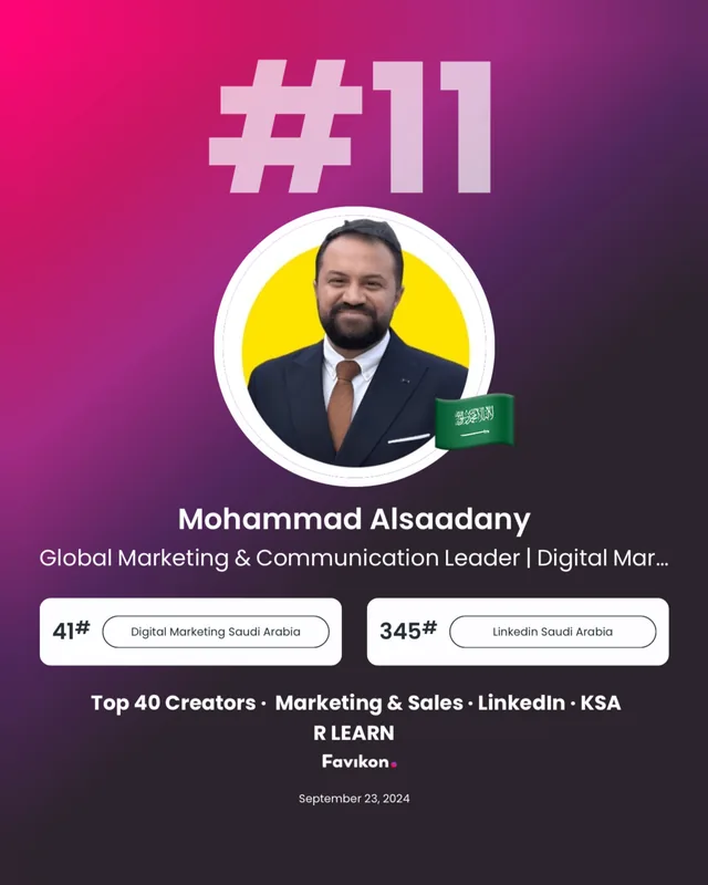 Favikon ranking card: Mohammad Alsaadany, number 11 in the Top 40 LinkedIn creators in marketing and sales in Saudi Arabia, September 2024