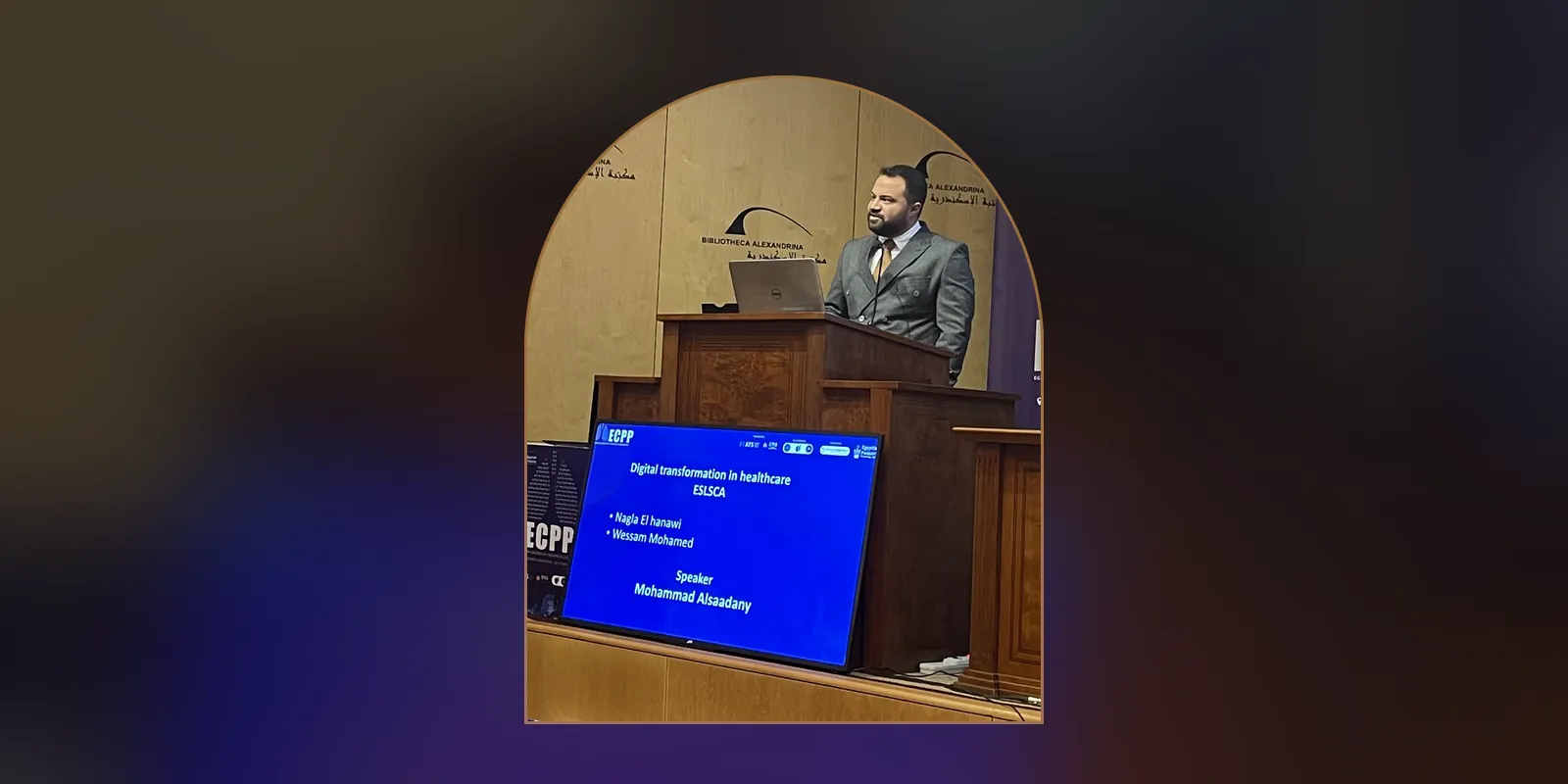 Dr. Mohammad Alsaadany lecturing on digital transformation in healthcare at the Bibliotheca Alexandrina