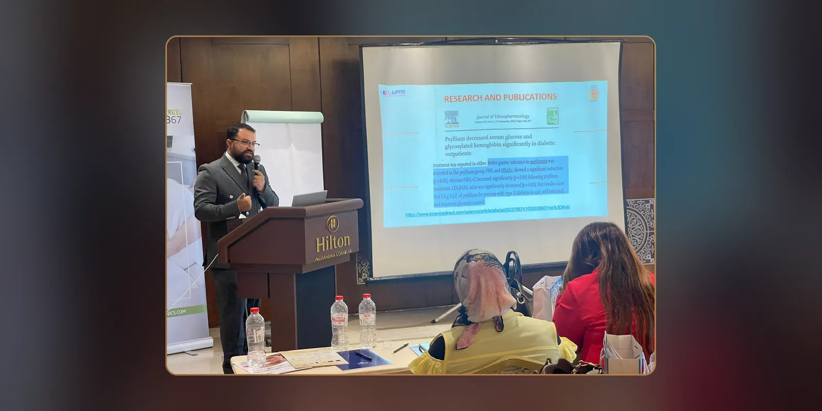 Dr. Mohammad Alsaadany presenting research at a LIPTIS Pharmaceuticals USA launch meeting in Alexandria
