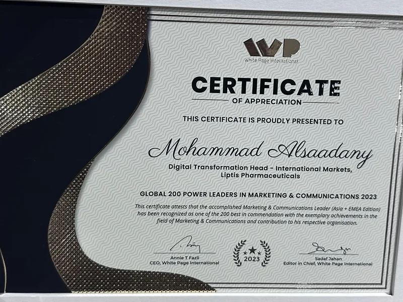 Certificate of appreciation from White Page International: Global 200 Power Leaders in Marketing and Communications 2023, presented to Mohammad Alsaadany